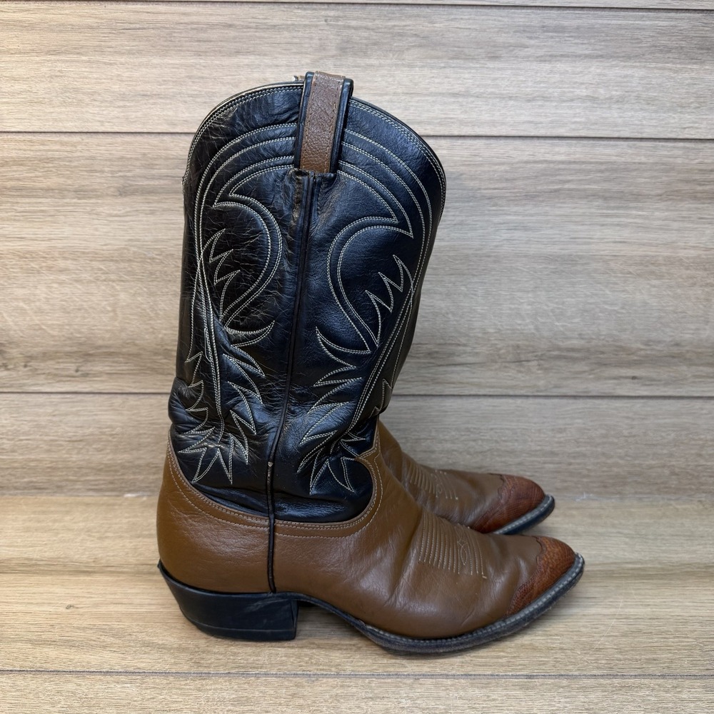 Vintage Tony Lama Two Tone Cowboy Boots Men 10D Black Brown Lizard Wingtip USA